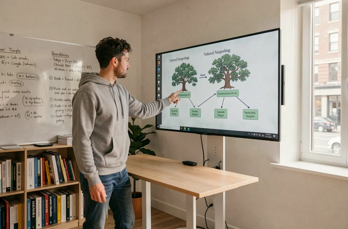 Un ingénieur logiciel présentant une architecture de système de conversation automatisée sur un écran tactile dans un studio moderne