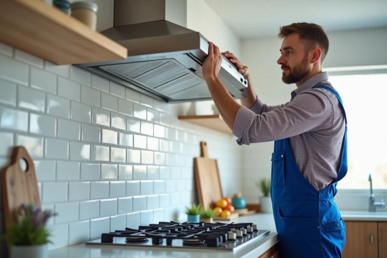 Installateur cuisine posant sous une hotte en inox moderne