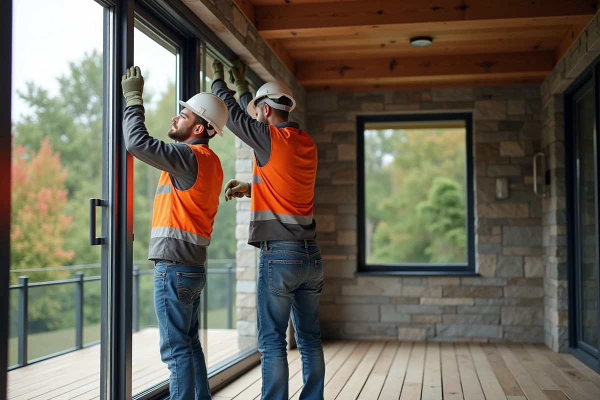 Deux artisans installant une porte en aluminium sur une terrasse