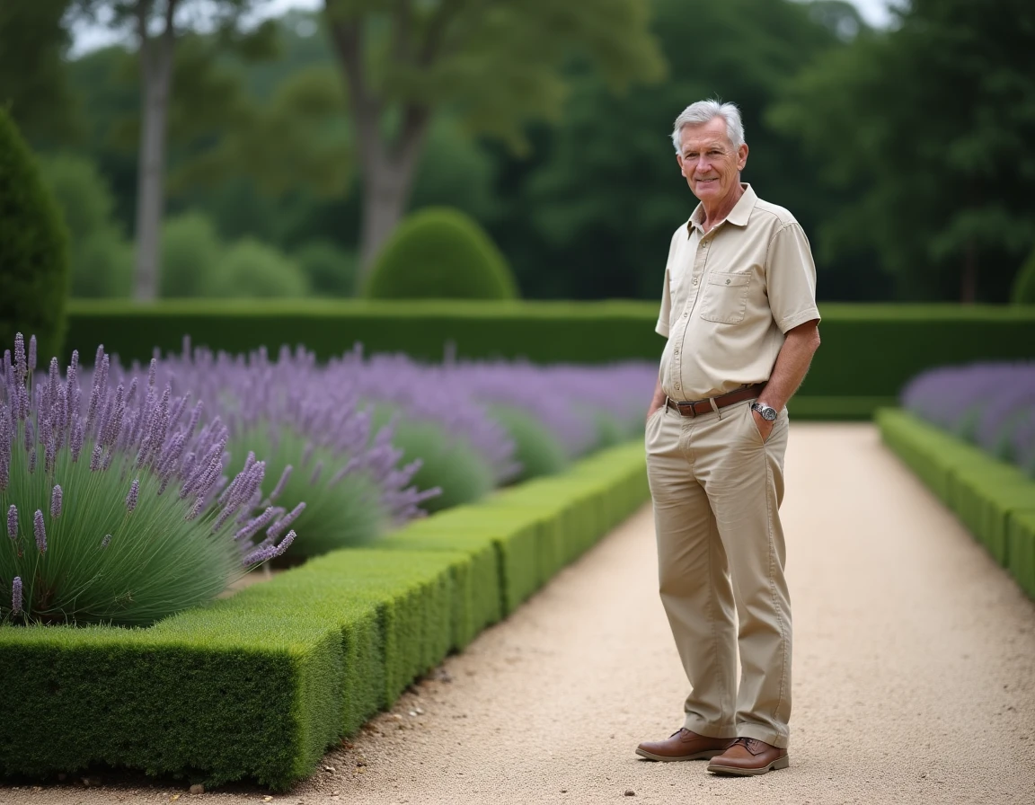Homme entretenant une haie de lavande dans un jardin ornemental structuré à Castelsarrasin avec allées en gravier