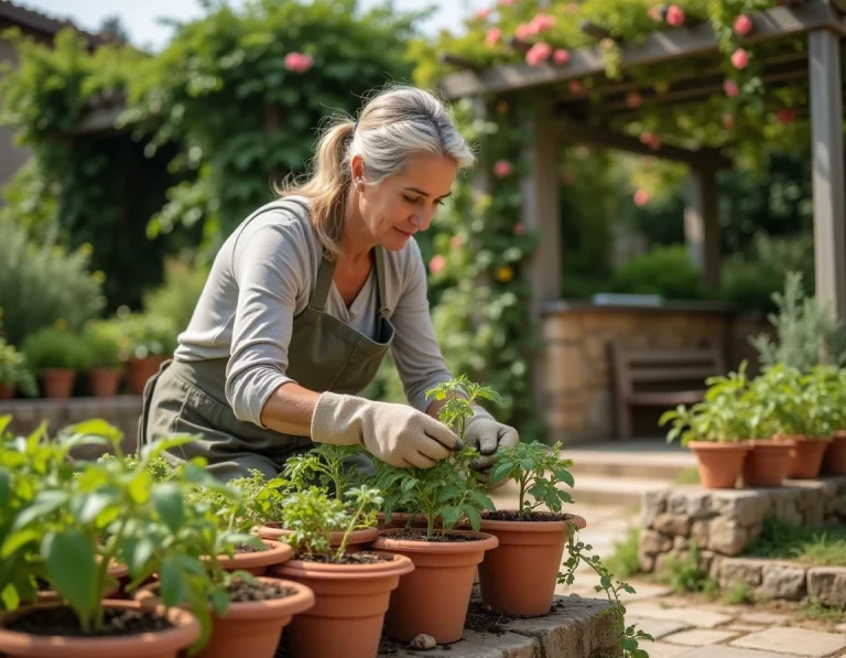 Femme jardinière entretenant un potager surélevé avec des tomates et des herbes aromatiques dans un jardin de Castelsarrasin