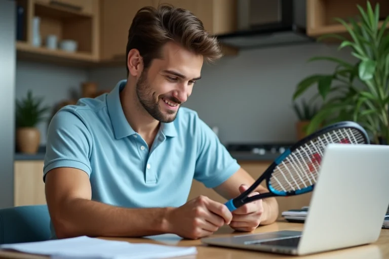 Jeune homme regardant la poignée d'une raquette de tennis