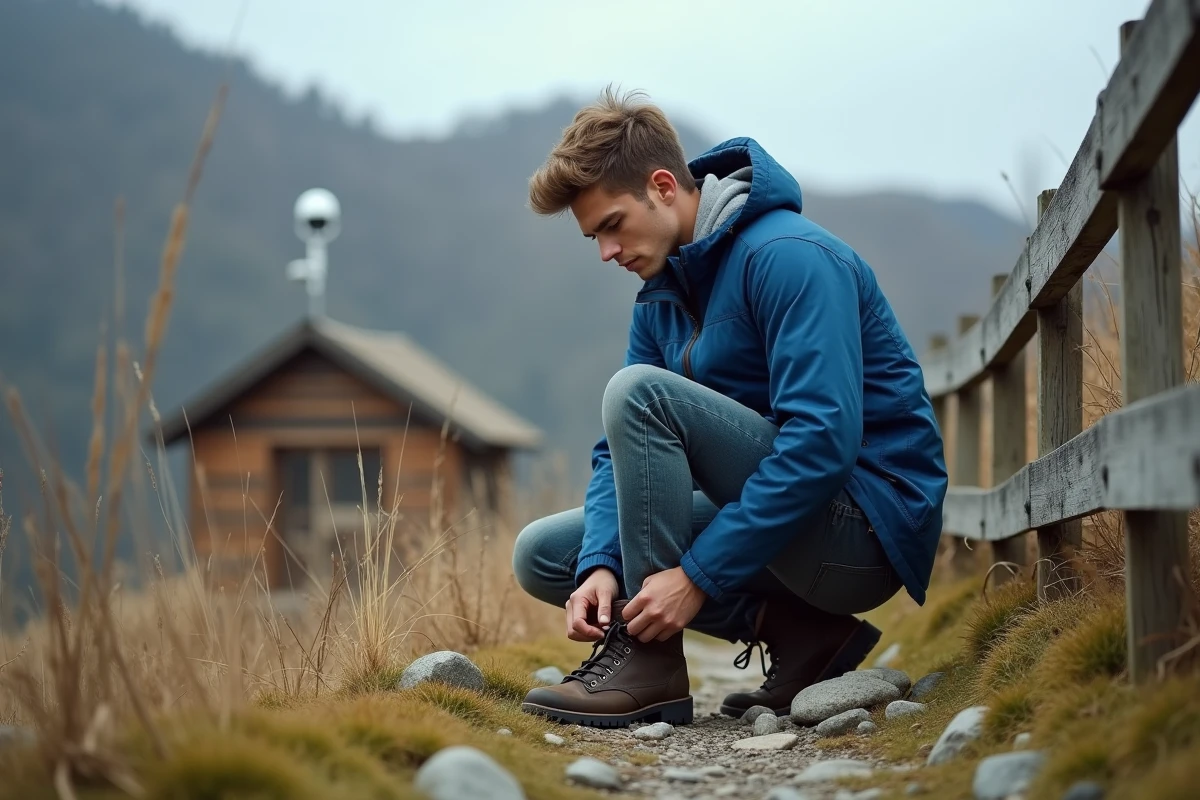 Jeune homme attachant ses chaussures près du poste webcam