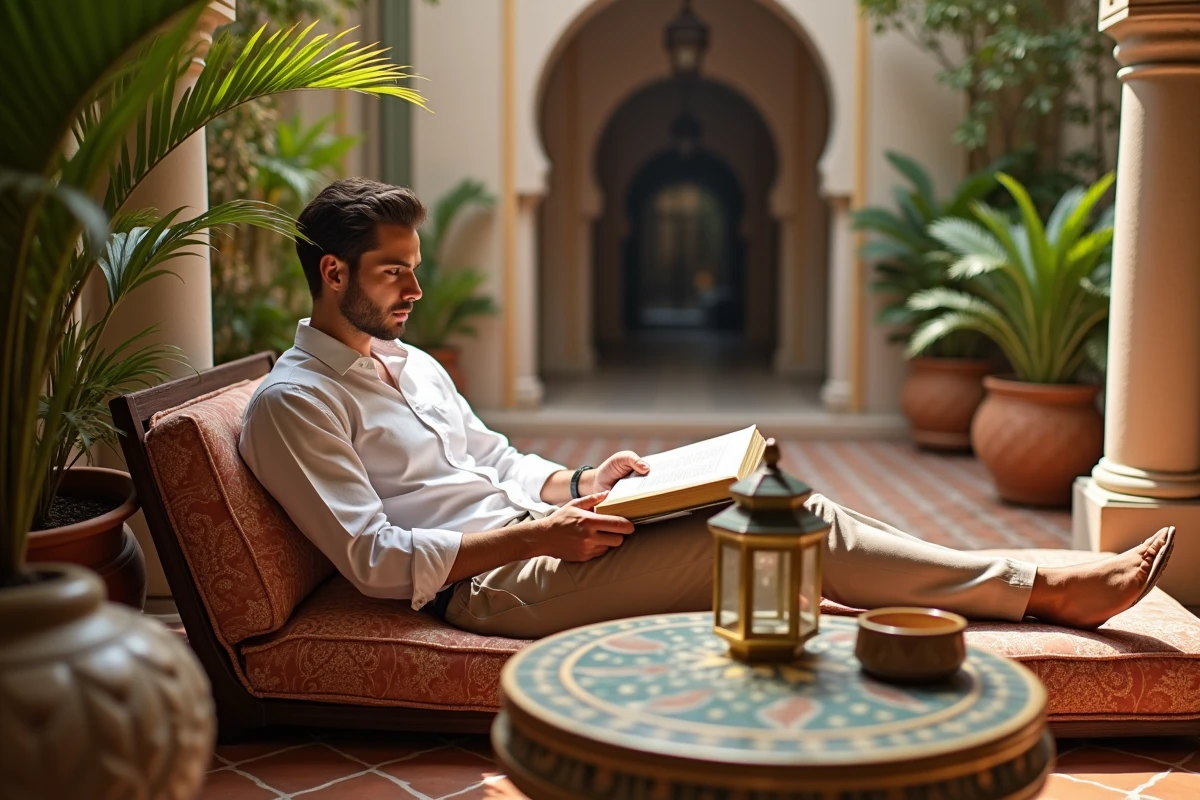 Jeune homme lisant dans un coin lecture lumineux