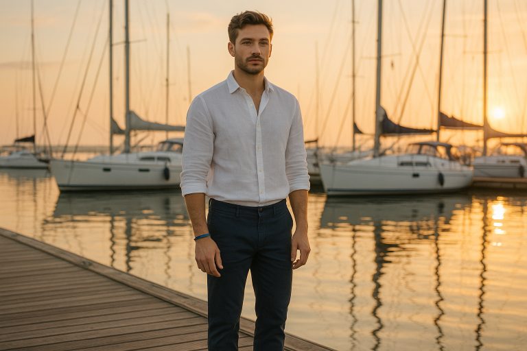 Jeune homme debout sur un quai de marina au lever du soleil