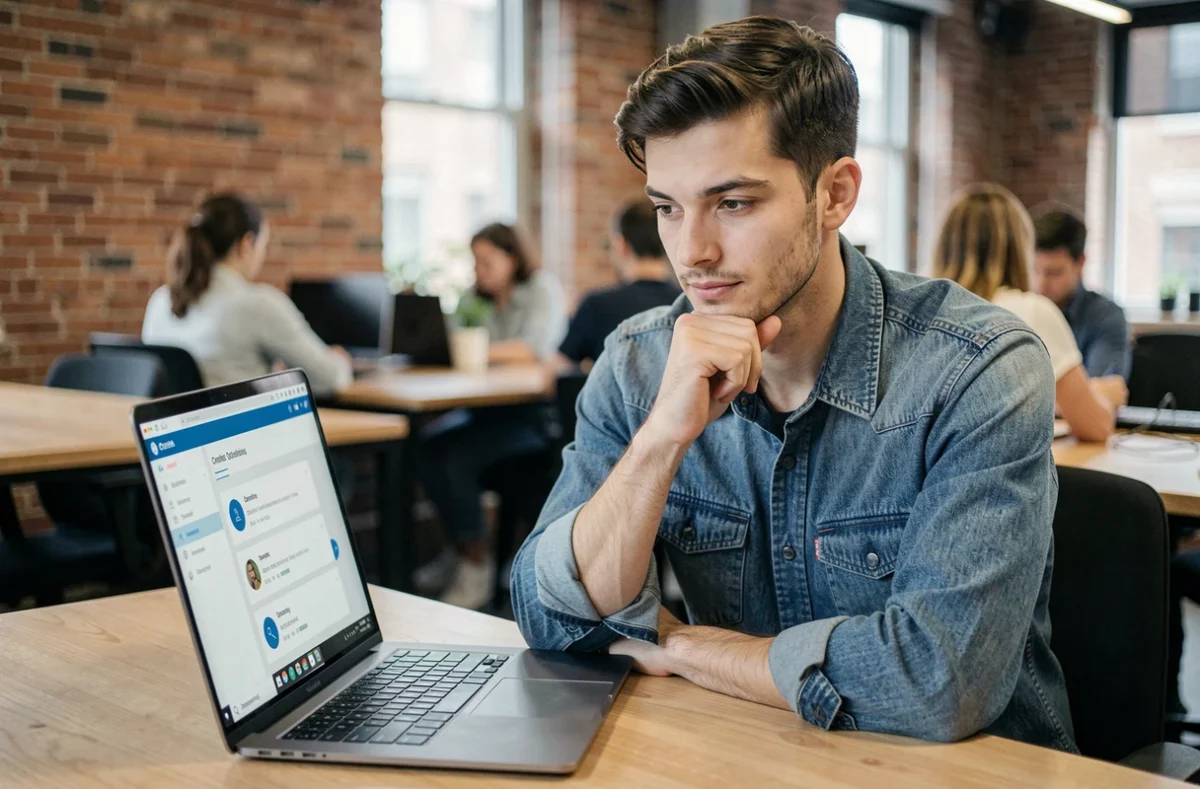 Jeune homme consultant un test d'orientation professionnelle en ligne dans un espace de coworking