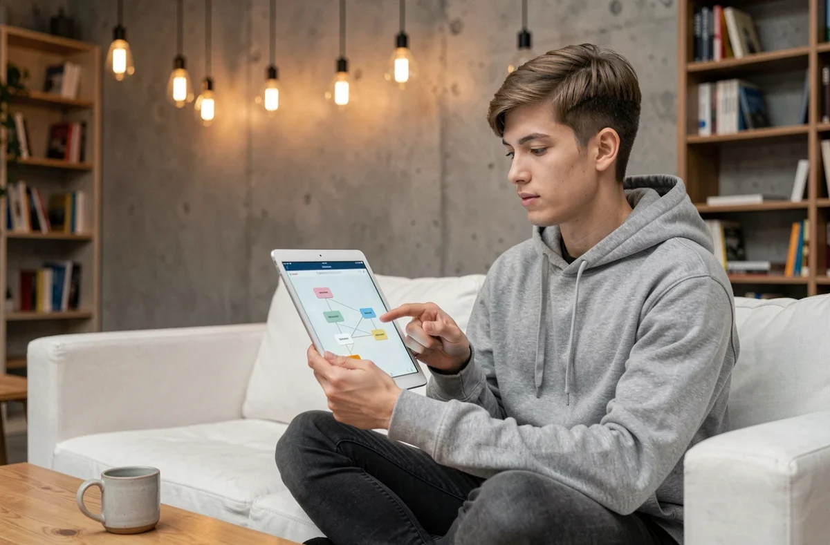 Jeune professionnel consultant un plan de navigation de site web sur une tablette dans un espace de coworking moderne