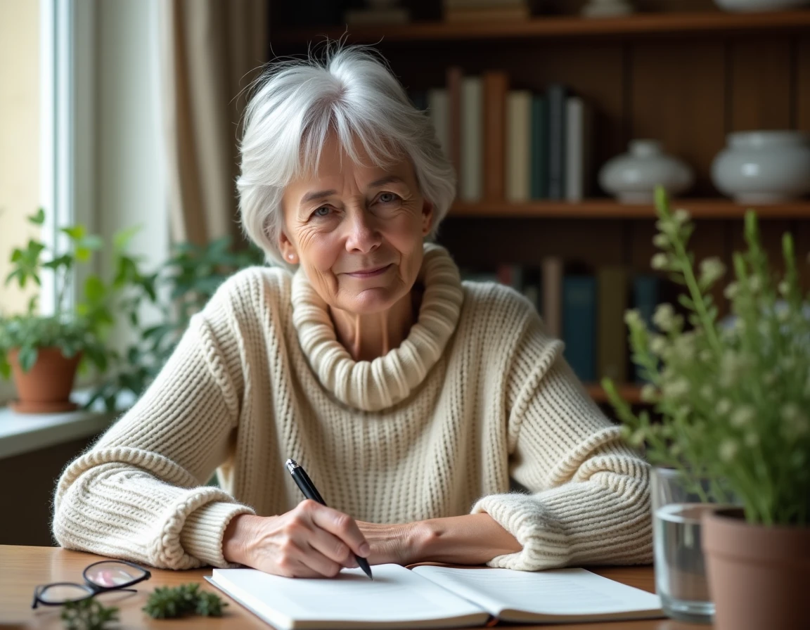 Femme mature écrivant dans un journal de santé à son bureau à domicile pour suivre ses habitudes bien-être