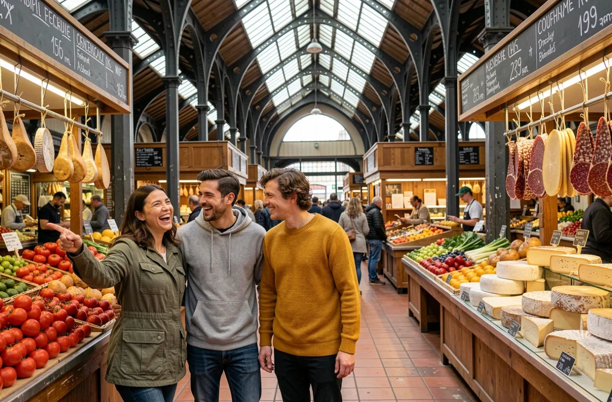 Groupe d'amis visitant un marché couvert parisien traditionnel avec étals de fromages et charcuterie