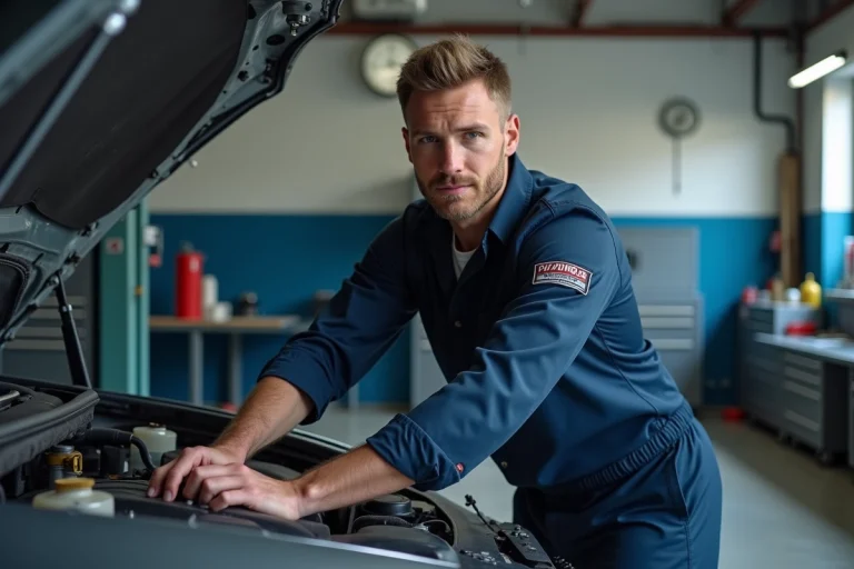 Mécanicien professionnel inspectant le moteur d'une voiture dans un garage automobile bien équipé à Mondragon