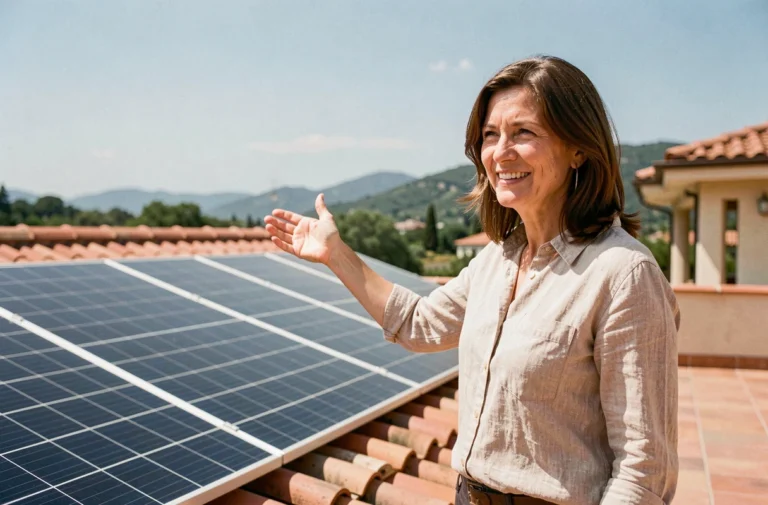 Femme devant des panneaux solaires installés sur le toit d'une maison moderne pour produire de l'énergie renouvelable et réaliser des économies durables