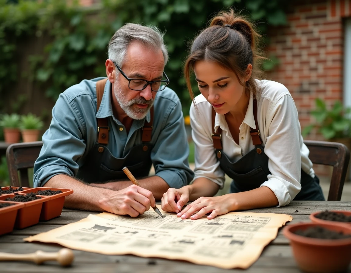 Couple planifiant la plantation de leur jardin avec des sachets de graines et un plan de jardinage sur une table en bois à Castelsarrasin