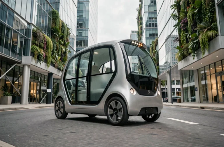Pod autonome électrique circulant dans une rue urbaine futuriste entourée d'architecture en verre et de jardins verticaux