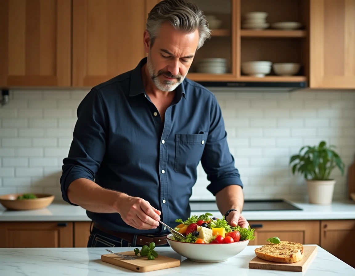 Homme préparant un repas sain et équilibré dans une cuisine domestique pour améliorer sa santé au quotidien