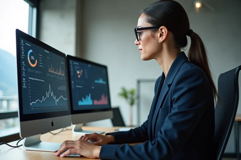 Professionnelle utilisant une application métier sur ordinateur dans un bureau moderne à Grenoble via PIA Convergence