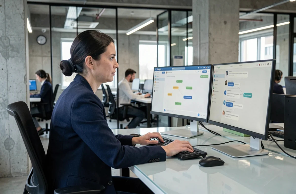 Une professionnelle analysant des interfaces de chatbot et systèmes de conversation automatisée dans un bureau technologique moderne en 2024