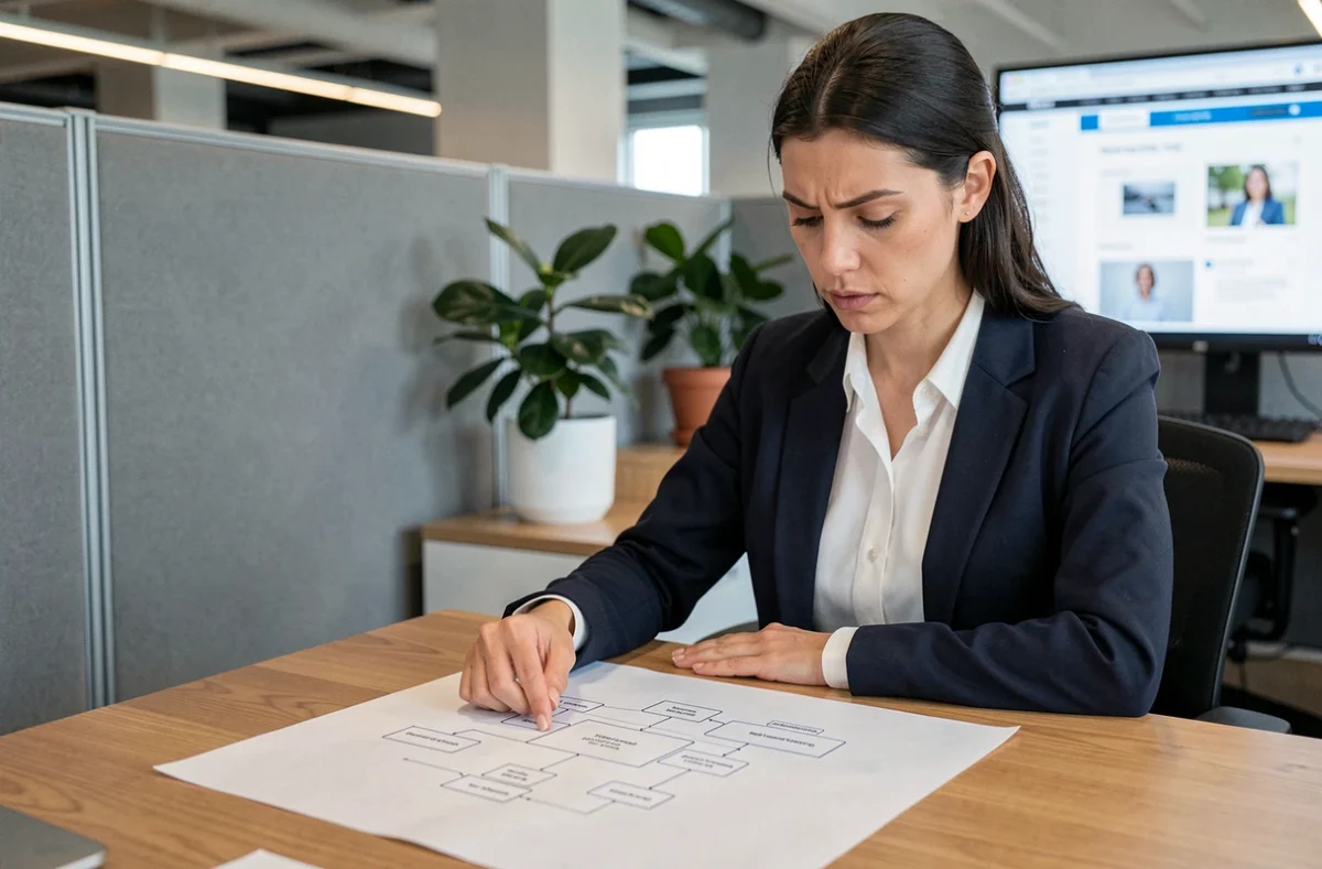 Professionnelle en blazer consultant un plan de site imprimé sur un bureau en bois dans un open space moderne