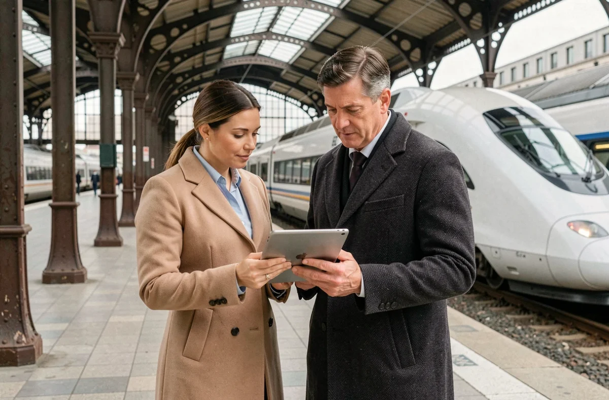 Deux professionnels consultant une plateforme de déplacements professionnels sur tablette sur un quai de gare ferroviaire