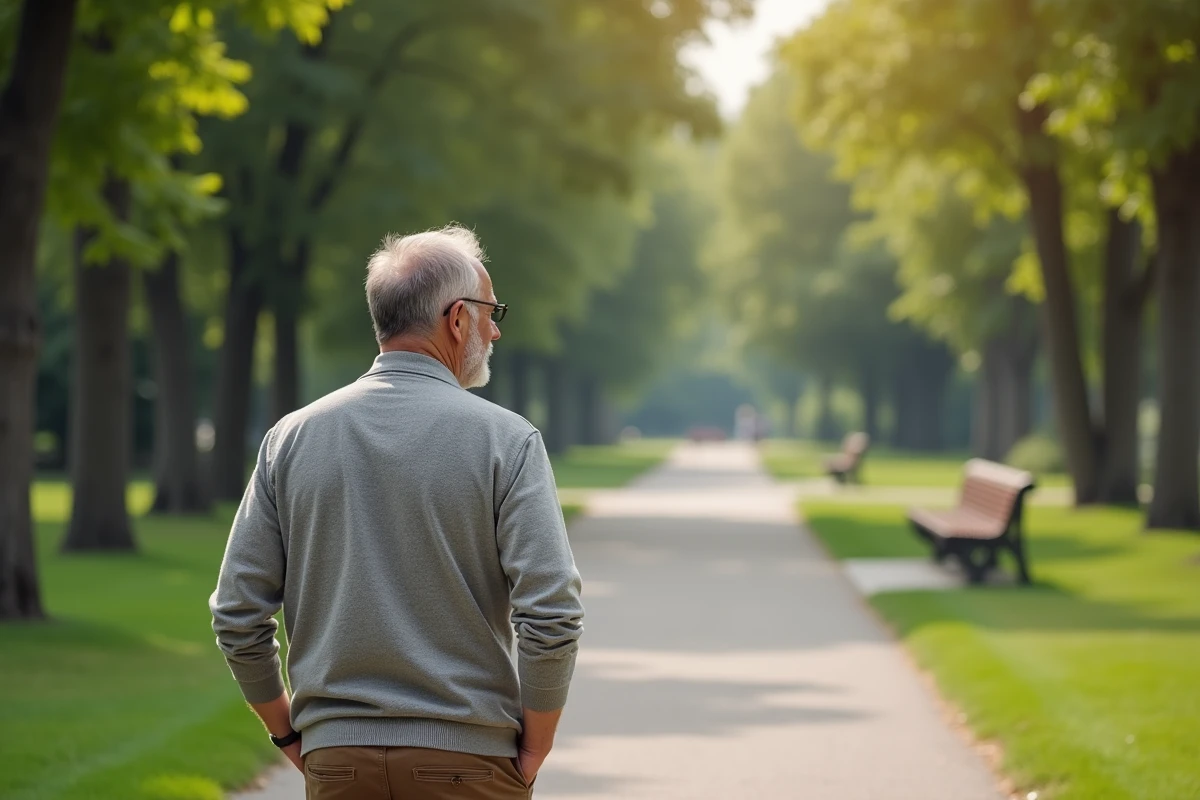 Homme marche dans un parc calme et verdoyant