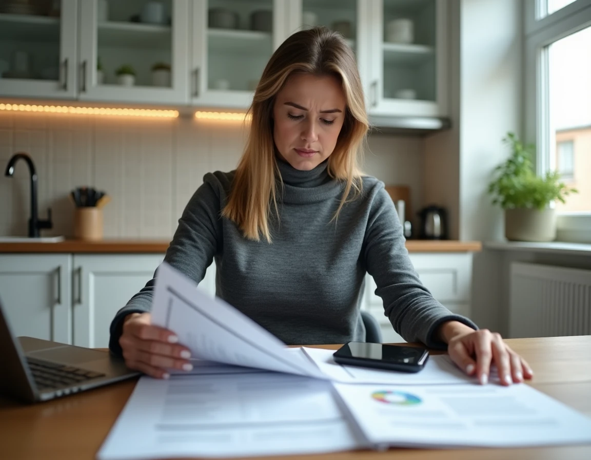 Propriétaire d'appartement en copropriété analysant des documents d'assurance après un sinistre