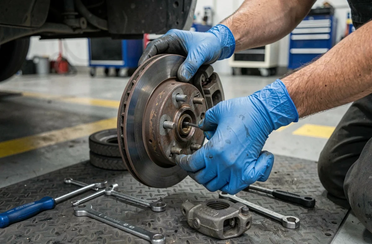 Mécanicien effectuant un remplacement de plaquettes de frein avec des outils professionnels dans un atelier Armoric Auto