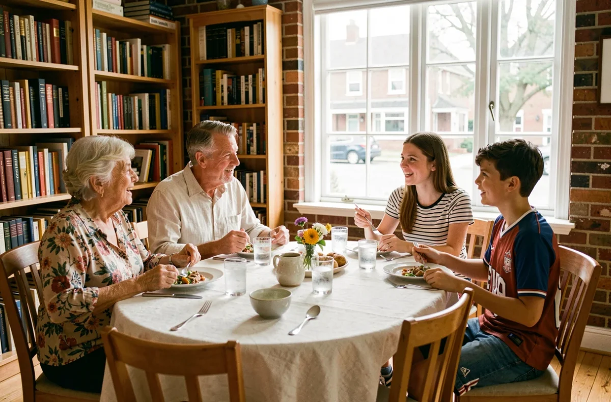 Trois générations d'une famille réunies autour d'une table à manger, illustrant la cohésion et la solidarité familiale