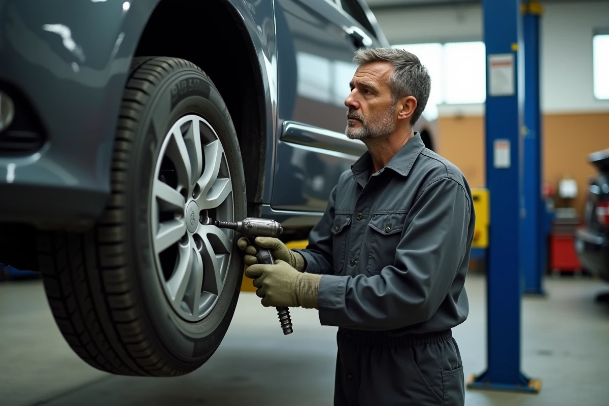 Mécanicien effectuant une rotation de pneus sur une voiture levée sur pont hydraulique dans l'atelier du garage Mécamobile