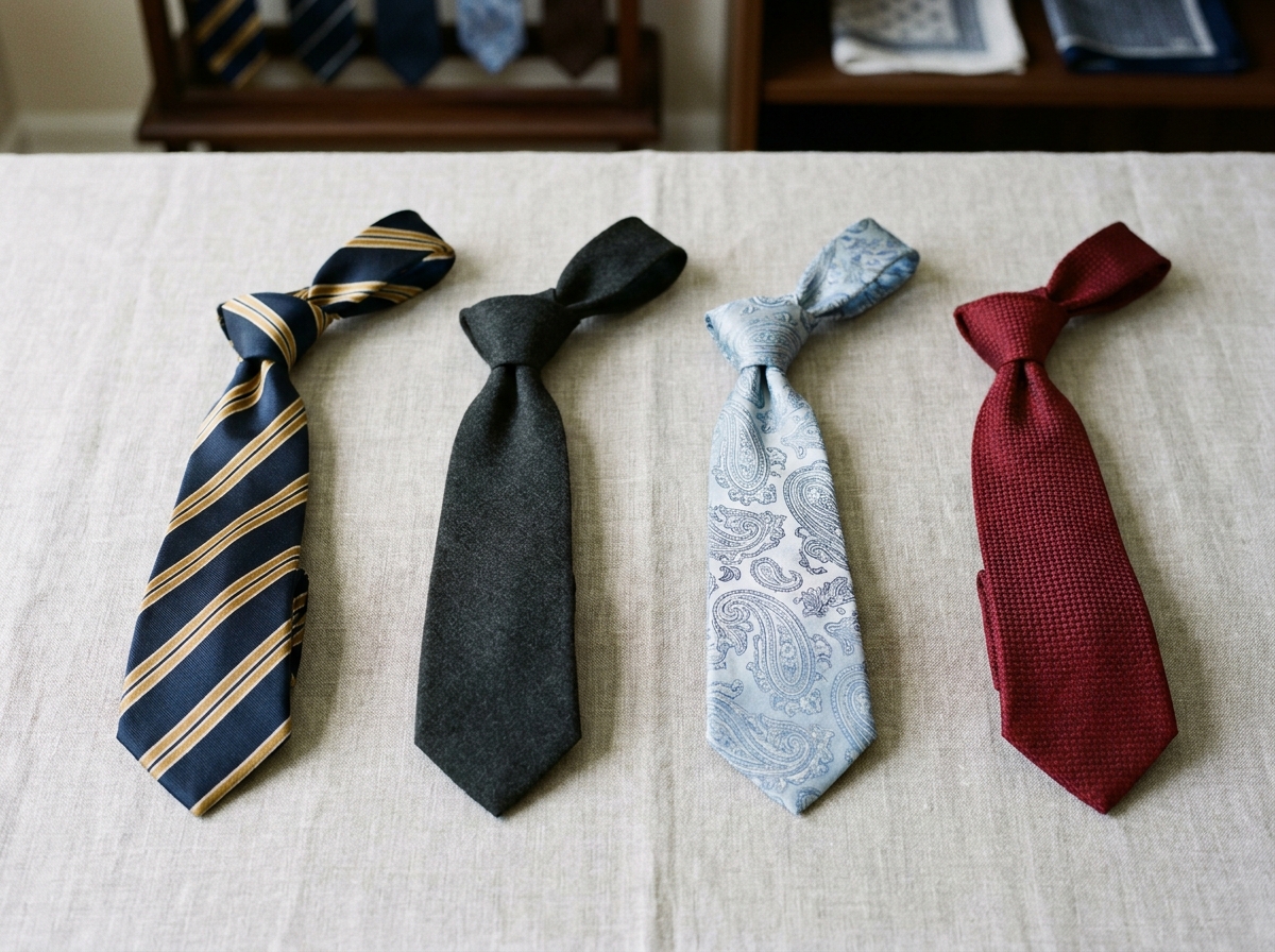 Sélection de quatre cravates élégantes en soie et laine disposées en flat lay sur fond lin gris