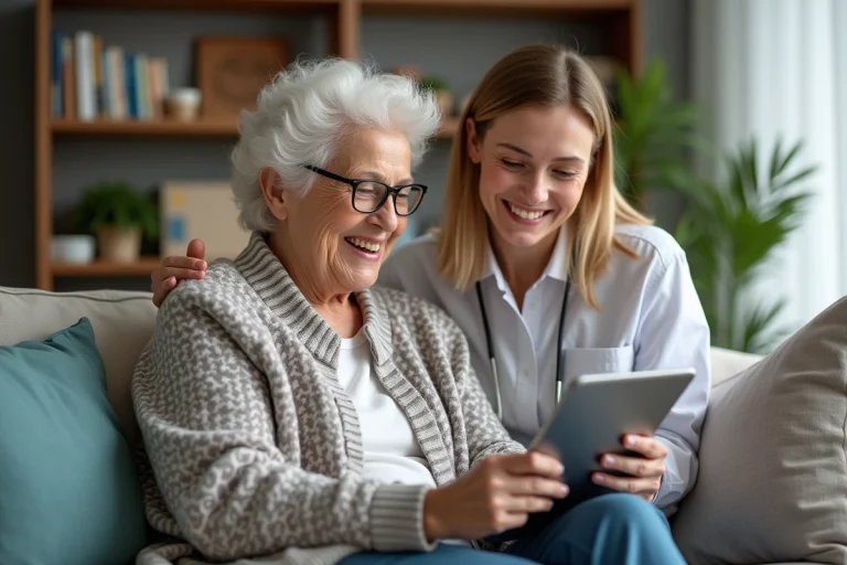 Femme senior souriante aidée par une jeune aidante avec une tablette