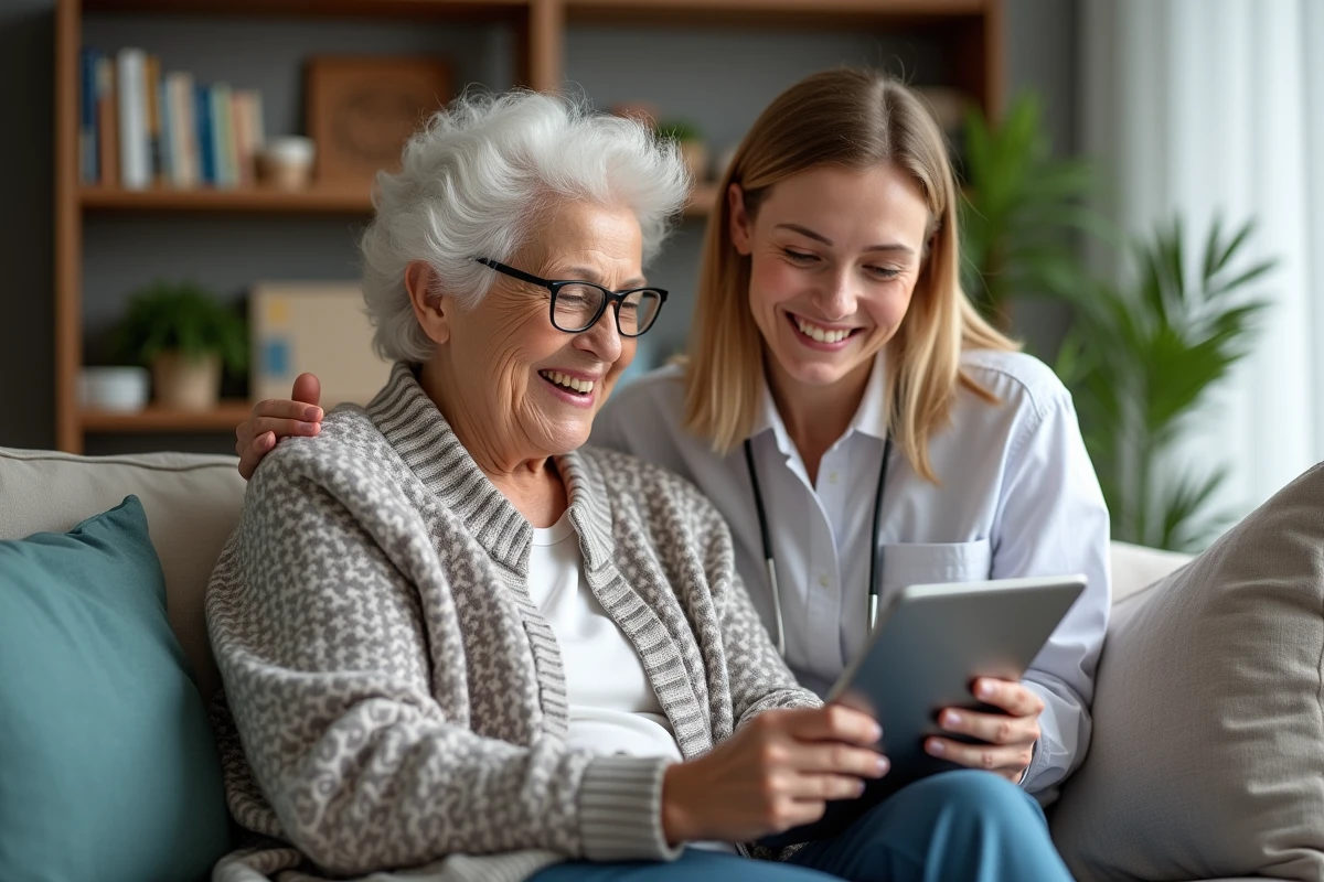 Femme senior souriante aidée par une jeune aidante avec une tablette