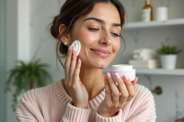 Femme appliquant une creme visage dans une salle de bain moderne