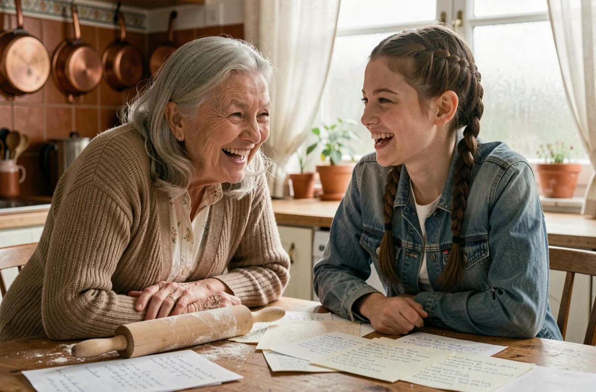 Une grand-mère et une adolescente partagent un moment complice en cuisine, symbolisant la solidarité intergénérationnelle