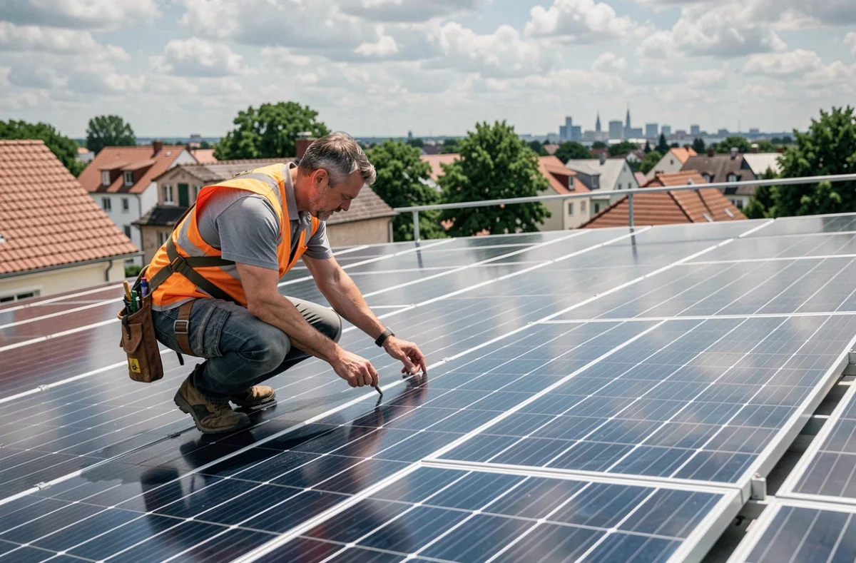 Technicien inspectant des panneaux solaires photovoltaïques installés sur le toit d'une habitation résidentielle pour garantir une production optimale d'énergie solaire