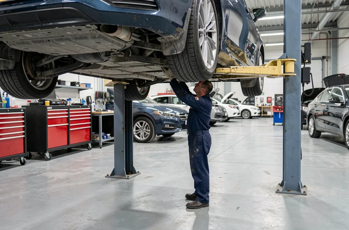 Technicien automobile inspectant le dessous d'une voiture sur un pont élévateur dans un garage professionnel Armoric Auto