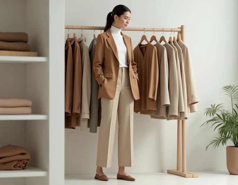 Femme élégante en blazer camel oversize et pantalon large ecru dans une boutique de mode minimaliste, tendances mode 2024
