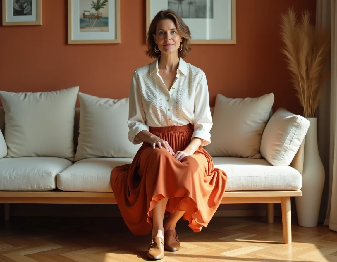 Femme assise en jupe midi rouille et chemisier broderie anglaise dans un appartement contemporain chaleureux, tenue tendance automne 2024
