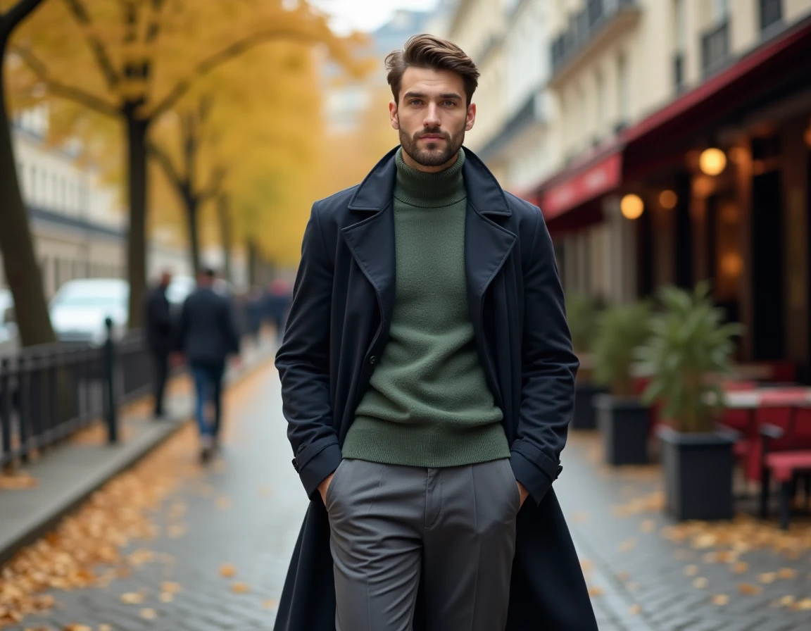 Homme en trench coat marine et pull col montant vert sauge marchant sur un pavé parisien en automne, style mode masculine 2024