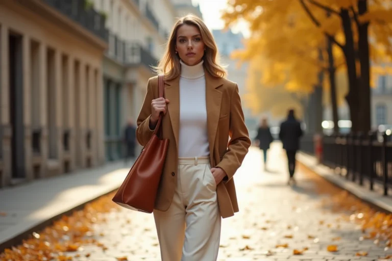 Femme élégante portant un blazer camel oversize et un pantalon large crème dans une rue pavée parisienne en automne, style mode tendance saison