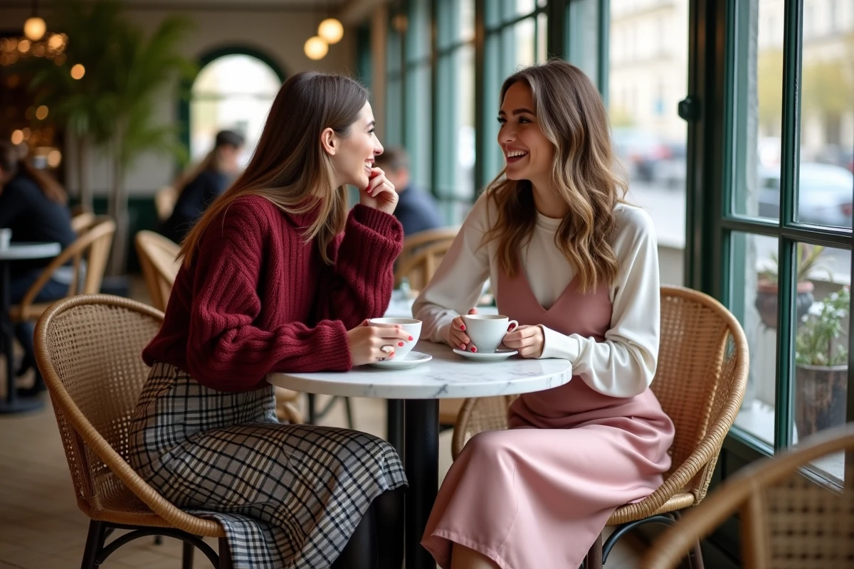 Deux femmes en tenues tendance automne-hiver — pull en maille bordeaux et robe satin rose — riant ensemble dans un café parisien au décor rétro