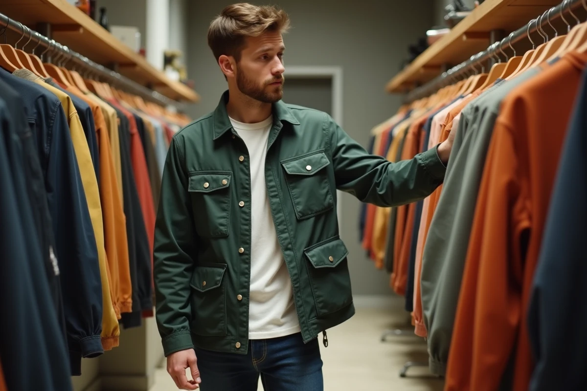 Homme en veste utilitaire vert forêt feuilletant des vêtements dans un concept store moderne aux murs en béton, tendances mode masculine automne-hiver