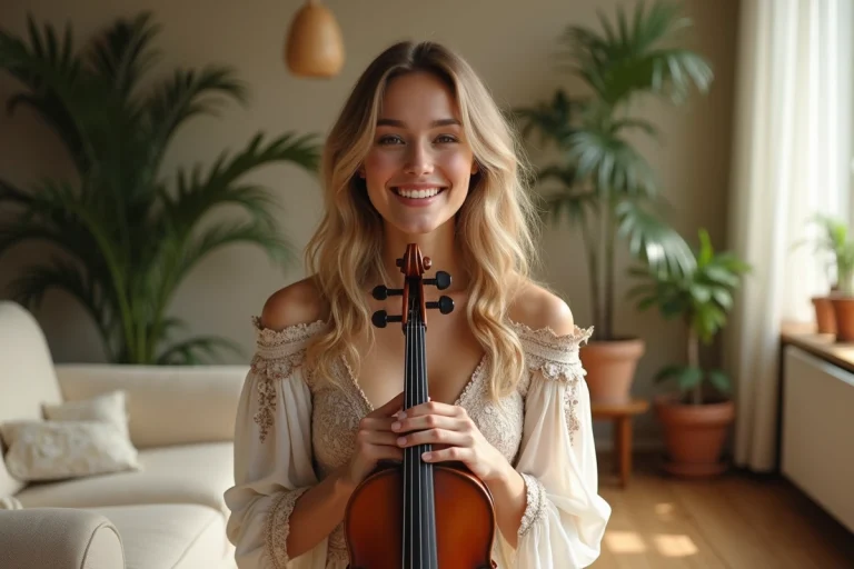 Femme violoniste aux cheveux blonds ondulés tenant son violon dans un salon chaleureux et bohème