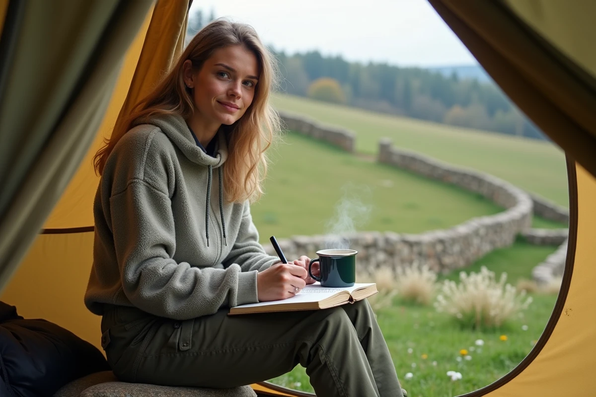 Voyageuse solitaire écrivant son journal devant une tente dans un camping à la campagne en France